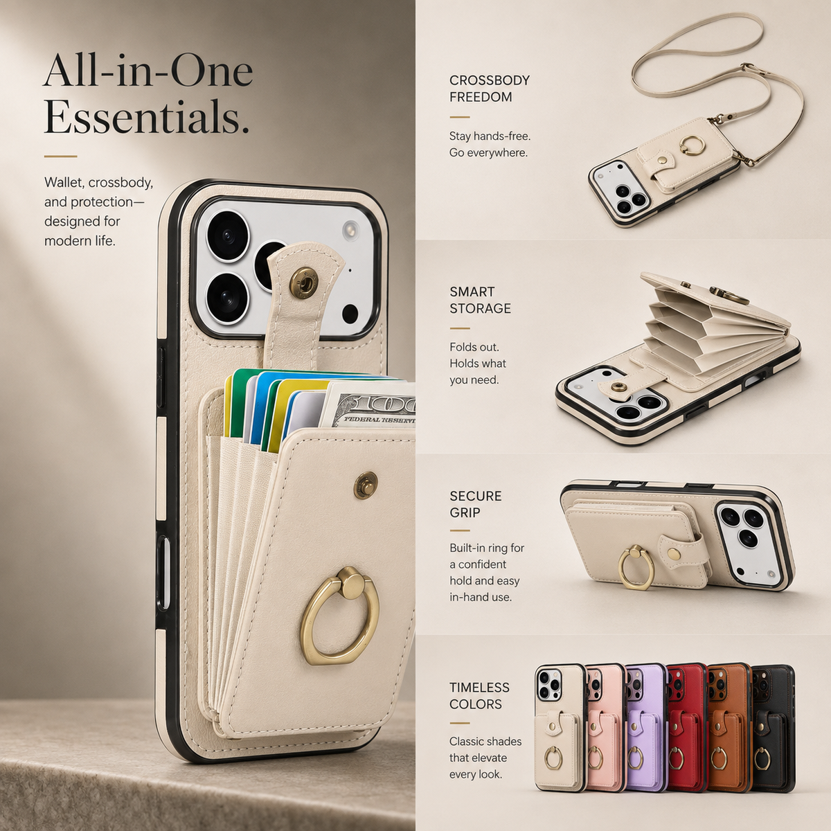 Premium iPhone Wallet Case PU Leather Card Holder RFID Blocking 360 Rotating Ring Kickstand Lanyard Shockproof Anti Scratch Magnetic Flip Cover