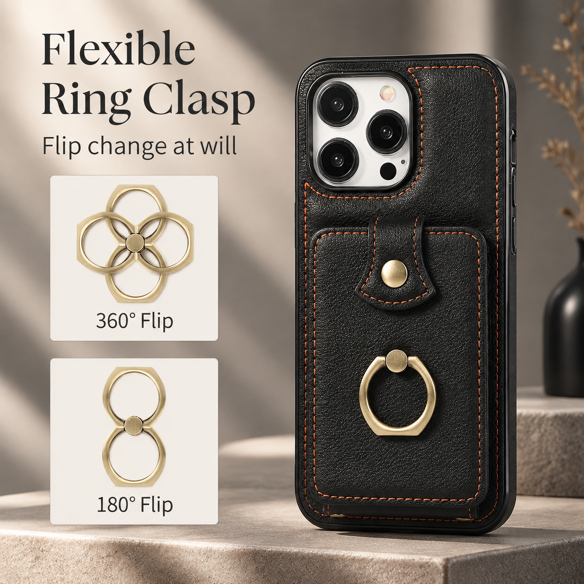 Premium iPhone Wallet Case PU Leather Card Holder RFID Blocking 360 Rotating Ring Kickstand Lanyard Shockproof Anti Scratch Magnetic Flip Cover