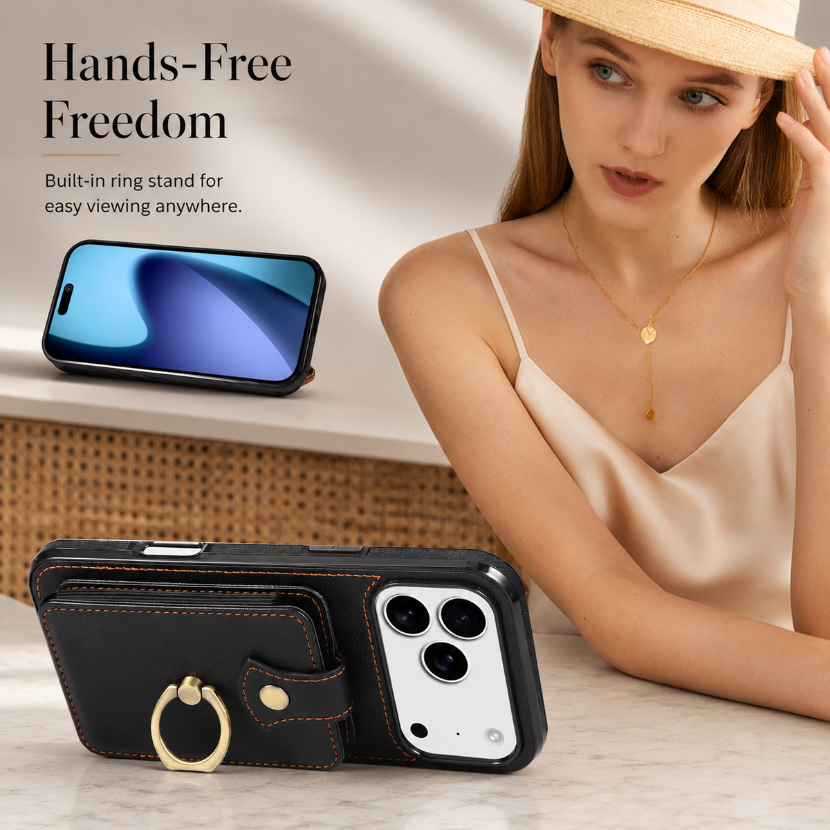 Premium iPhone Wallet Case PU Leather Card Holder RFID Blocking 360 Rotating Ring Kickstand Lanyard Shockproof Anti Scratch Magnetic Flip Cover