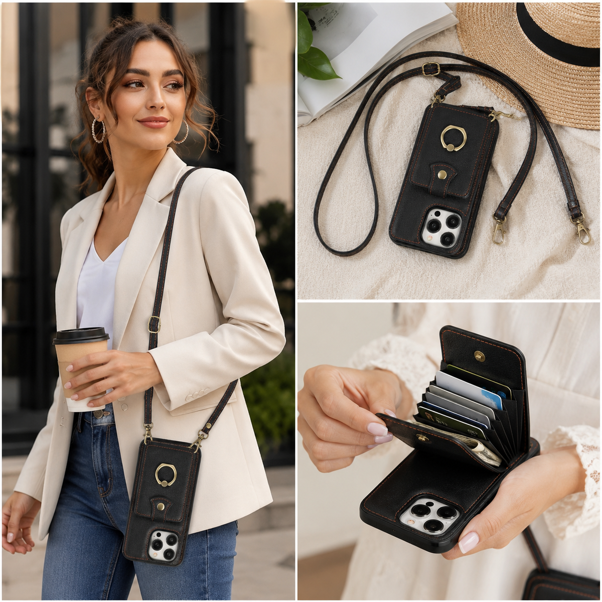 Premium iPhone Wallet Case PU Leather Card Holder RFID Blocking 360 Rotating Ring Kickstand Lanyard Shockproof Anti Scratch Magnetic Flip Cover
