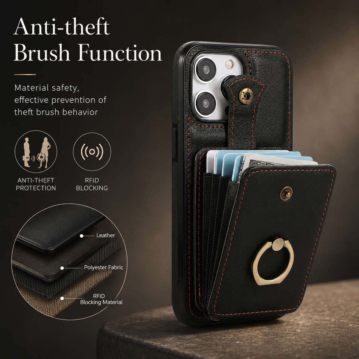 Premium iPhone Wallet Case PU Leather Card Holder RFID Blocking 360 Rotating Ring Kickstand Lanyard Shockproof Anti Scratch Magnetic Flip Cover