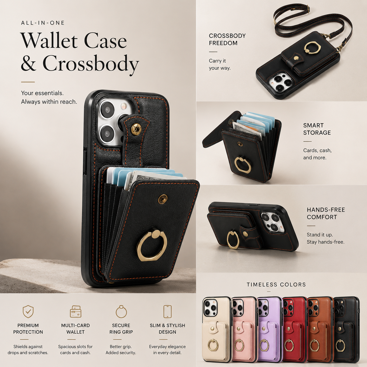 Premium iPhone Wallet Case PU Leather Card Holder RFID Blocking 360 Rotating Ring Kickstand Lanyard Shockproof Anti Scratch Magnetic Flip Cover