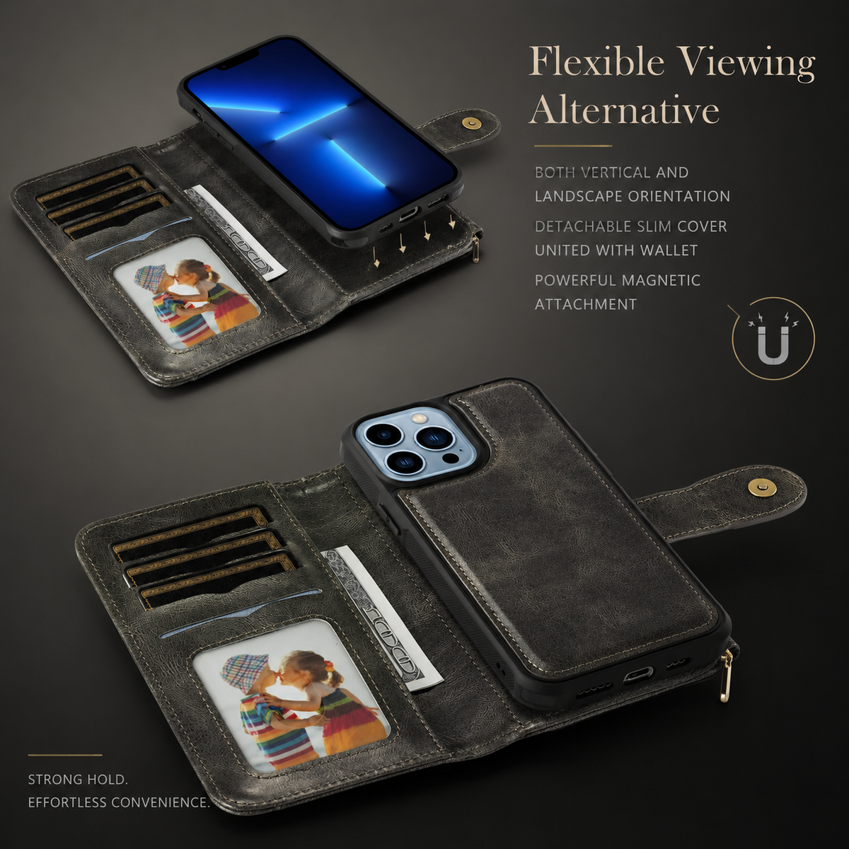 Premium iPhone Wallet Case PU Leather Zipper Card Holder Detachable Flip Cover Shockproof Anti Scratch Anti Fingerprint Dustproof Non Slip Retro Case