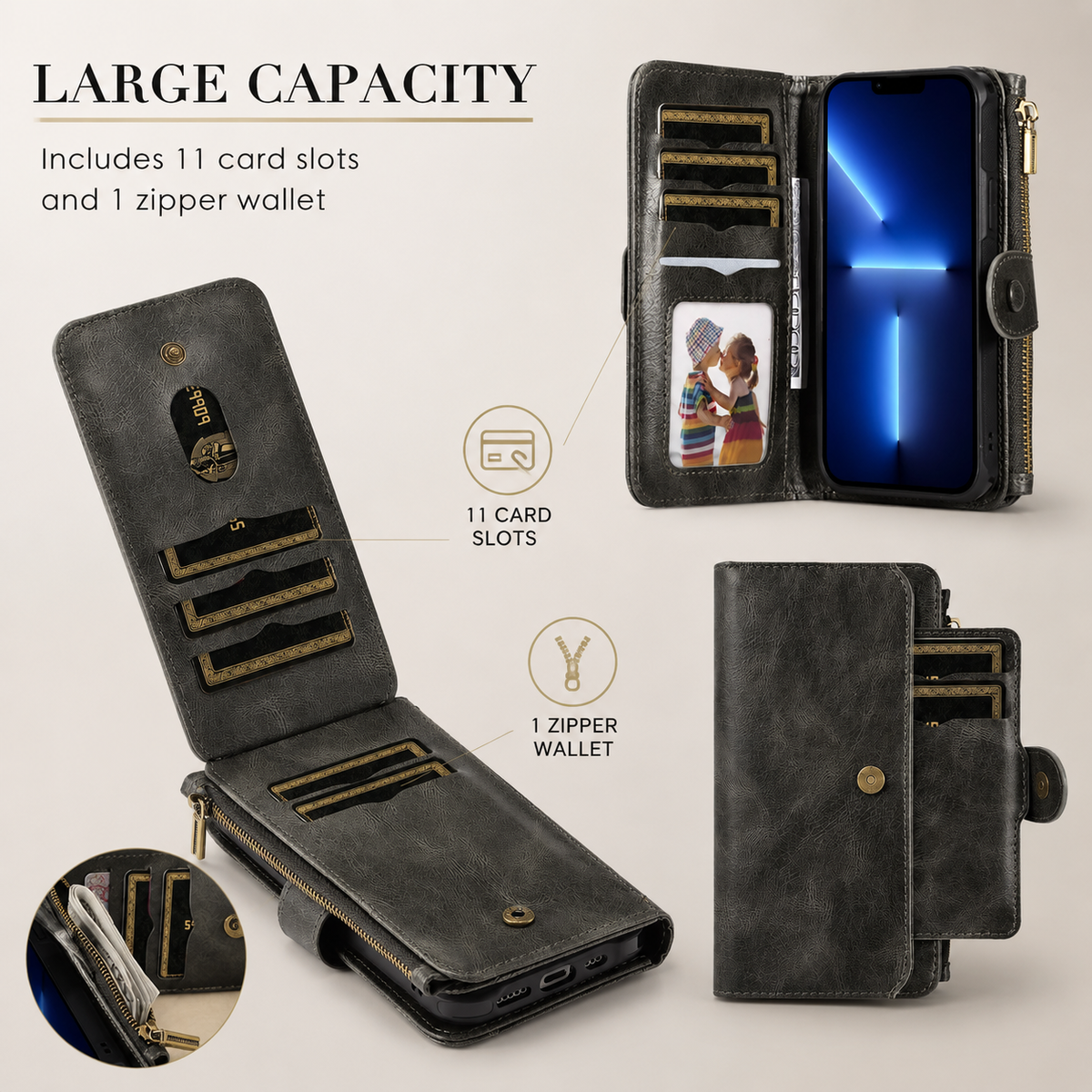 Premium iPhone Wallet Case PU Leather Zipper Card Holder Detachable Flip Cover Shockproof Anti Scratch Anti Fingerprint Dustproof Non Slip Retro Case