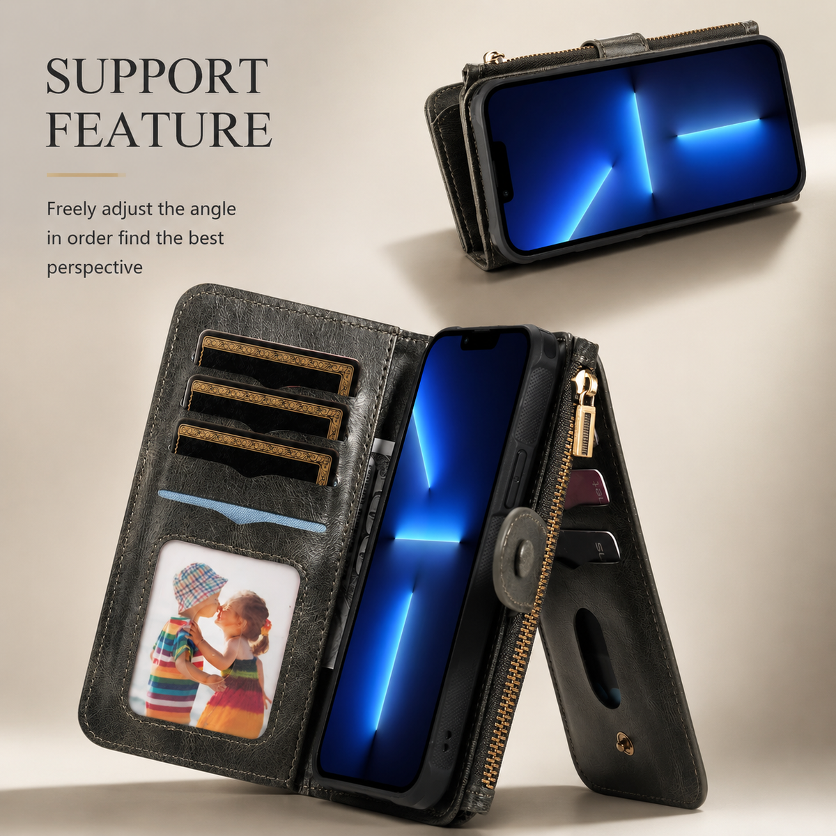 Premium iPhone Wallet Case PU Leather Zipper Card Holder Detachable Flip Cover Shockproof Anti Scratch Anti Fingerprint Dustproof Non Slip Retro Case