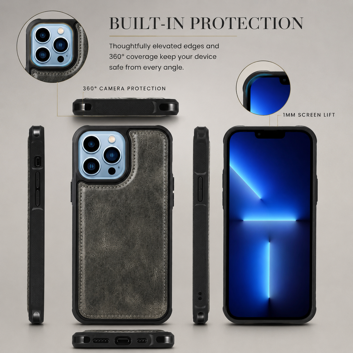 Premium iPhone Wallet Case PU Leather Zipper Card Holder Detachable Flip Cover Shockproof Anti Scratch Anti Fingerprint Dustproof Non Slip Retro Case