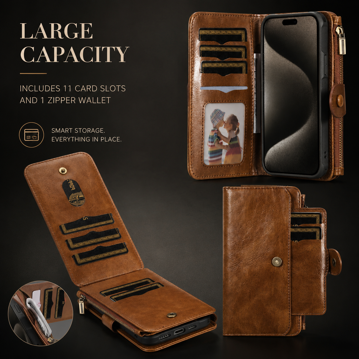 Premium iPhone Wallet Case PU Leather Zipper Card Holder Detachable Flip Cover Shockproof Anti Scratch Anti Fingerprint Dustproof Non Slip Retro Case