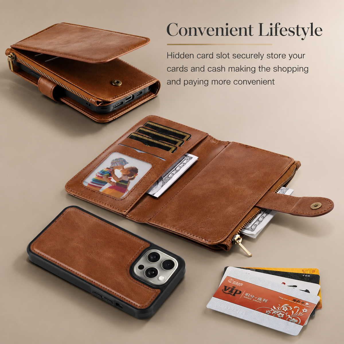 Premium iPhone Wallet Case PU Leather Zipper Card Holder Detachable Flip Cover Shockproof Anti Scratch Anti Fingerprint Dustproof Non Slip Retro Case
