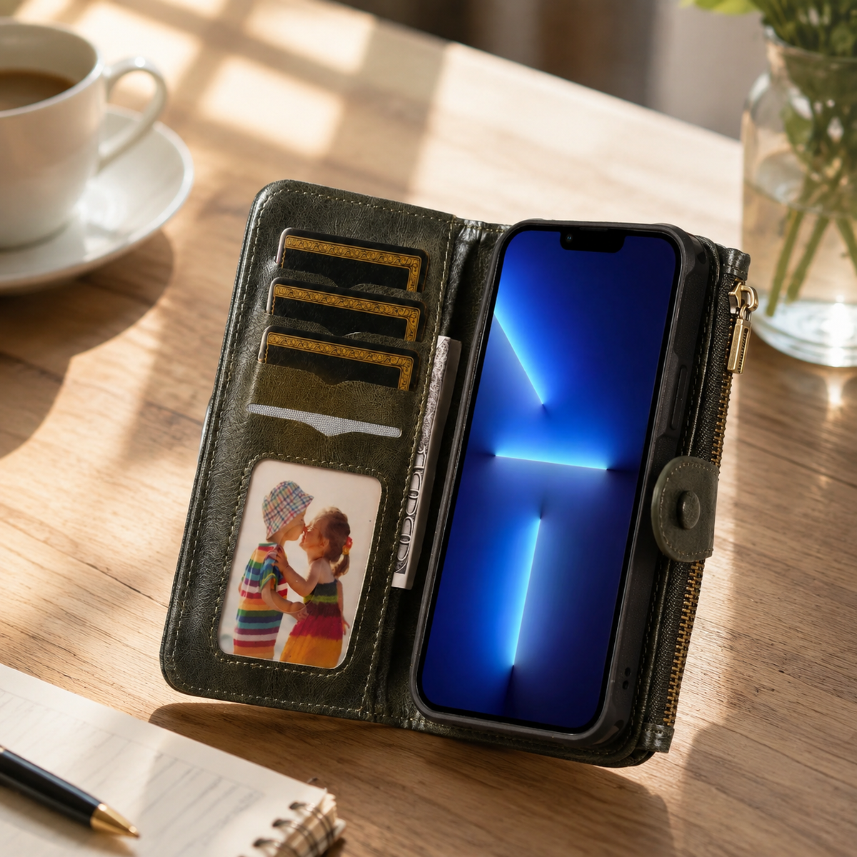 Premium iPhone Wallet Case PU Leather Zipper Card Holder Detachable Flip Cover Shockproof Anti Scratch Anti Fingerprint Dustproof Non Slip Retro Case