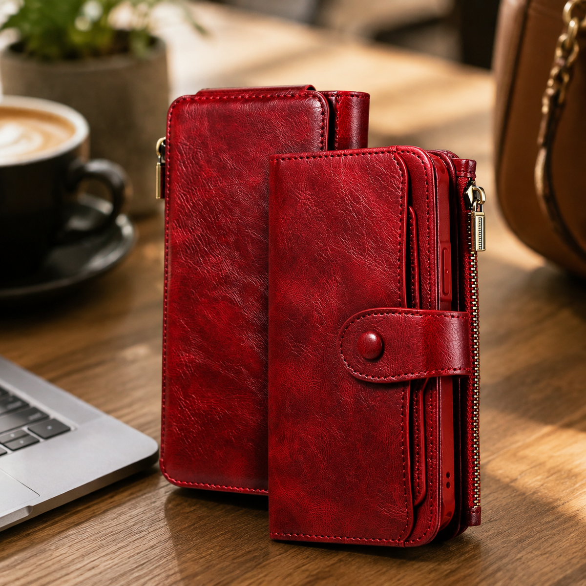 Premium iPhone Wallet Case PU Leather Zipper Card Holder Detachable Flip Cover Shockproof Anti Scratch Anti Fingerprint Dustproof Non Slip Retro Case
