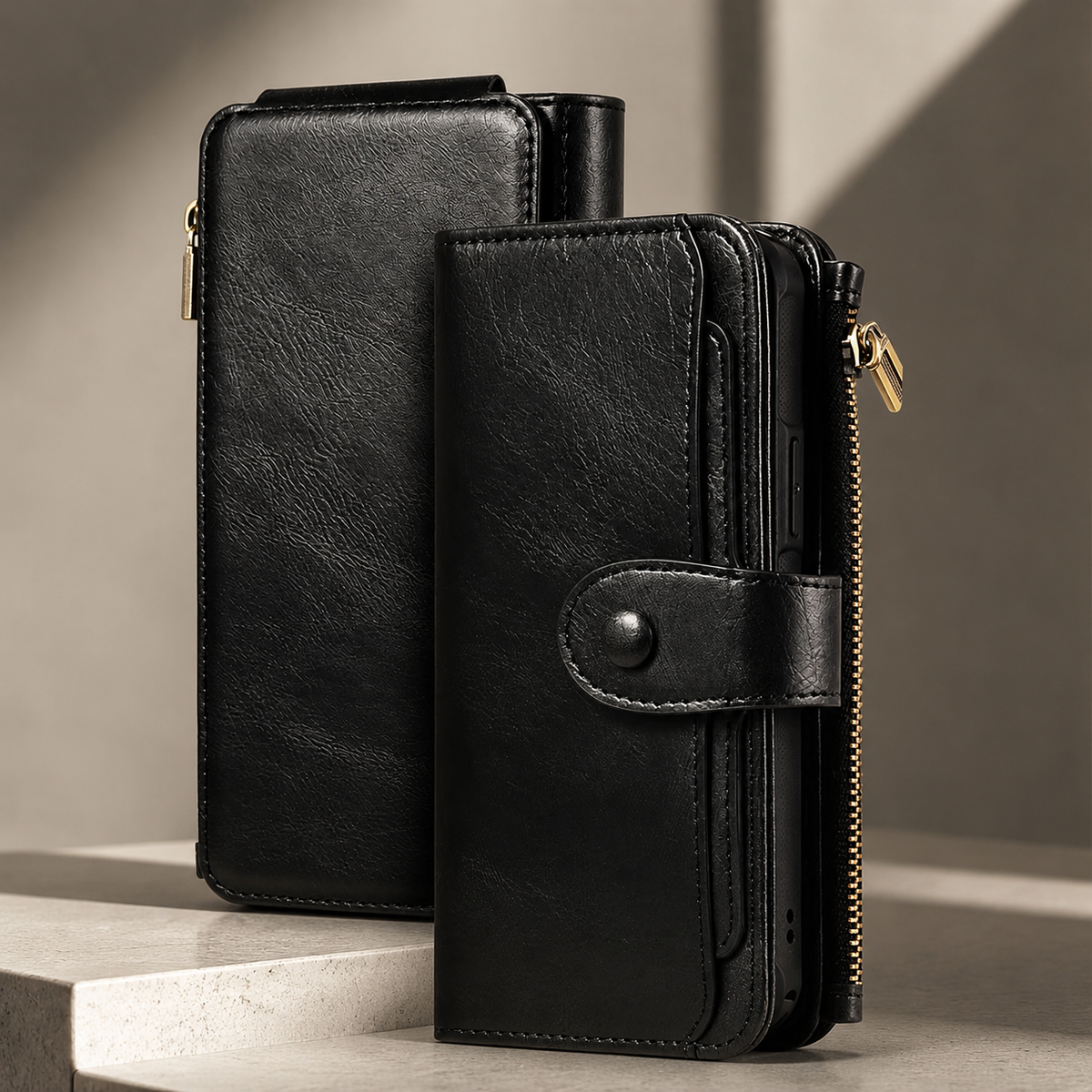 Premium iPhone Wallet Case PU Leather Zipper Card Holder Detachable Flip Cover Shockproof Anti Scratch Anti Fingerprint Dustproof Non Slip Retro Case
