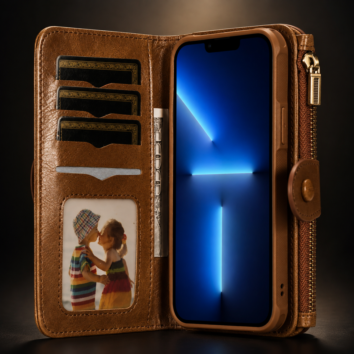 Premium iPhone Wallet Case PU Leather Zipper Card Holder Detachable Flip Cover Shockproof Anti Scratch Anti Fingerprint Dustproof Non Slip Retro Case