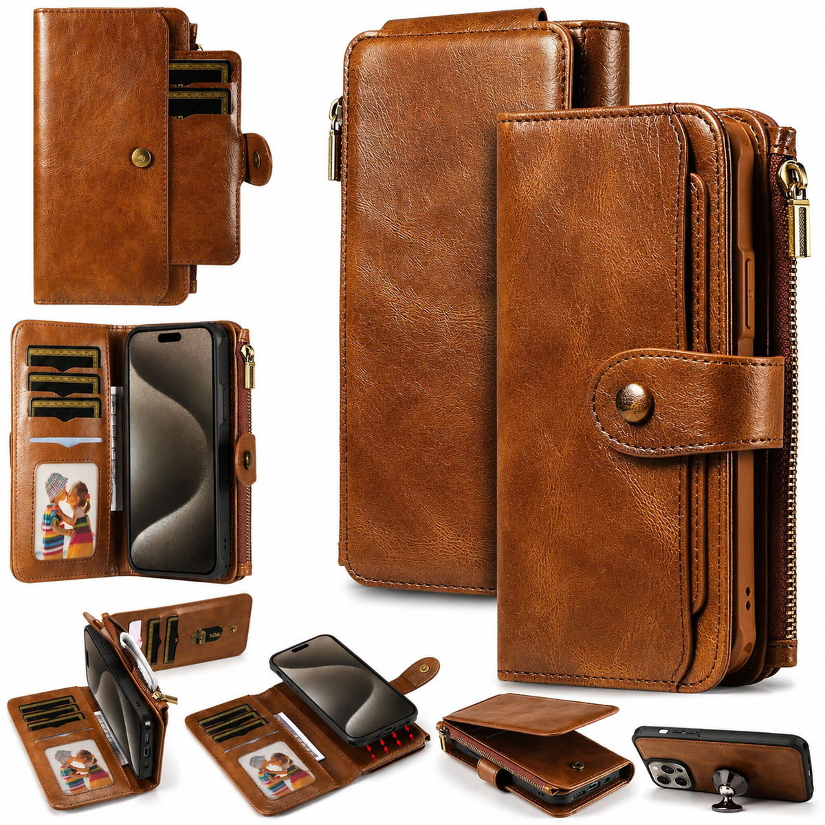 Premium iPhone Wallet Case PU Leather Zipper Card Holder Detachable Flip Cover Shockproof Anti Scratch Anti Fingerprint Dustproof Non Slip Retro Case