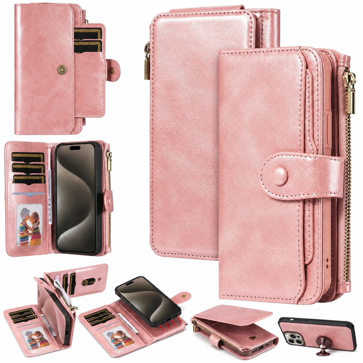 Premium iPhone Wallet Case PU Leather Zipper Card Holder Detachable Flip Cover Shockproof Anti Scratch Anti Fingerprint Dustproof Non Slip Retro Case