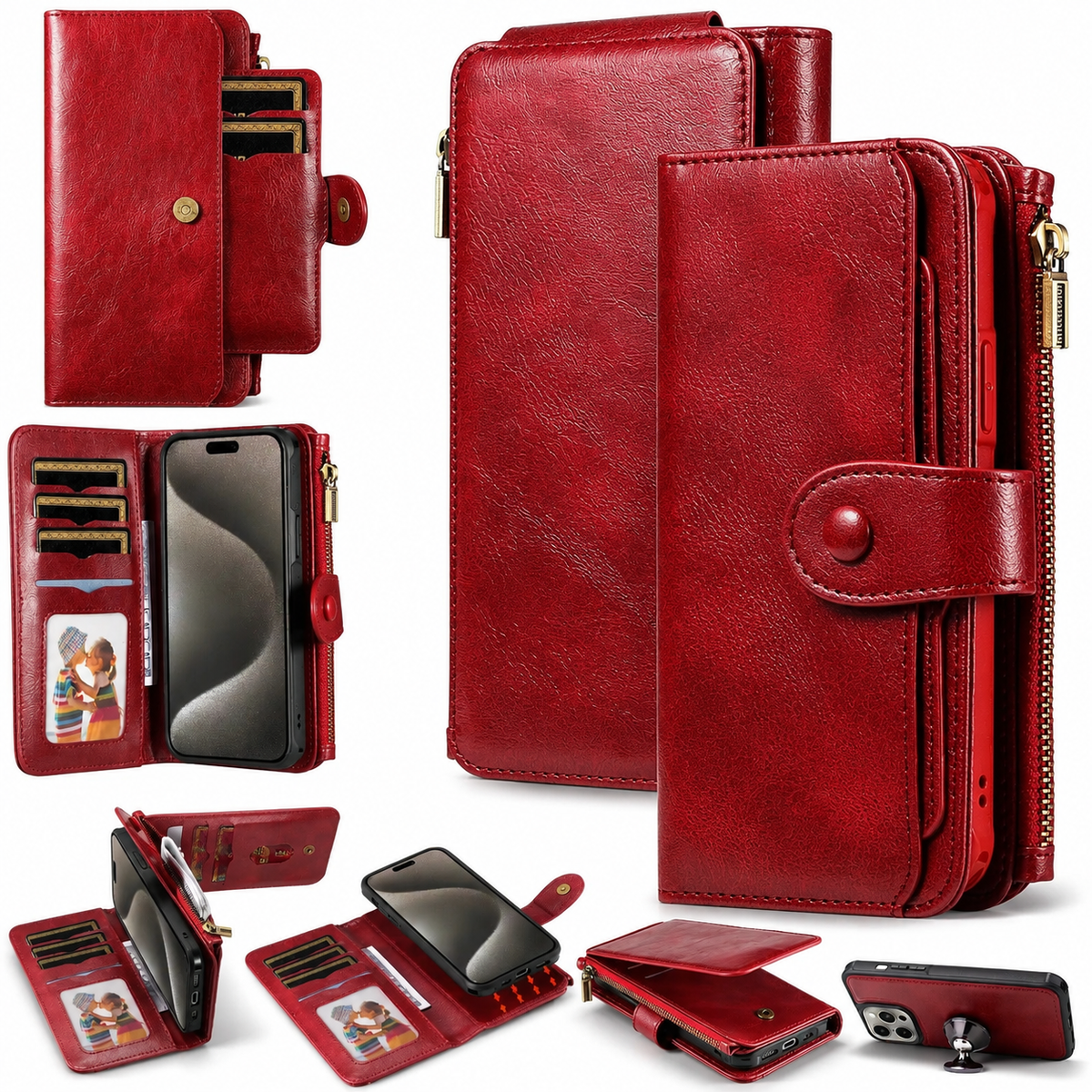 Premium iPhone Wallet Case PU Leather Zipper Card Holder Detachable Flip Cover Shockproof Anti Scratch Anti Fingerprint Dustproof Non Slip Retro Case