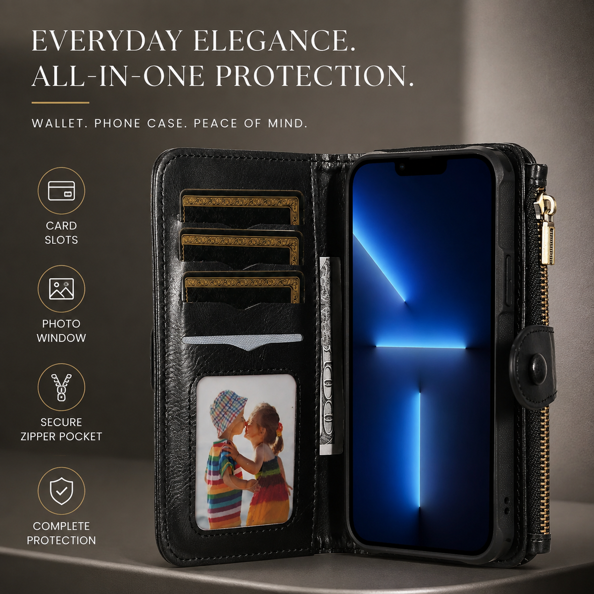 Premium iPhone Wallet Case PU Leather Zipper Card Holder Detachable Flip Cover Shockproof Anti Scratch Anti Fingerprint Dustproof Non Slip Retro Case