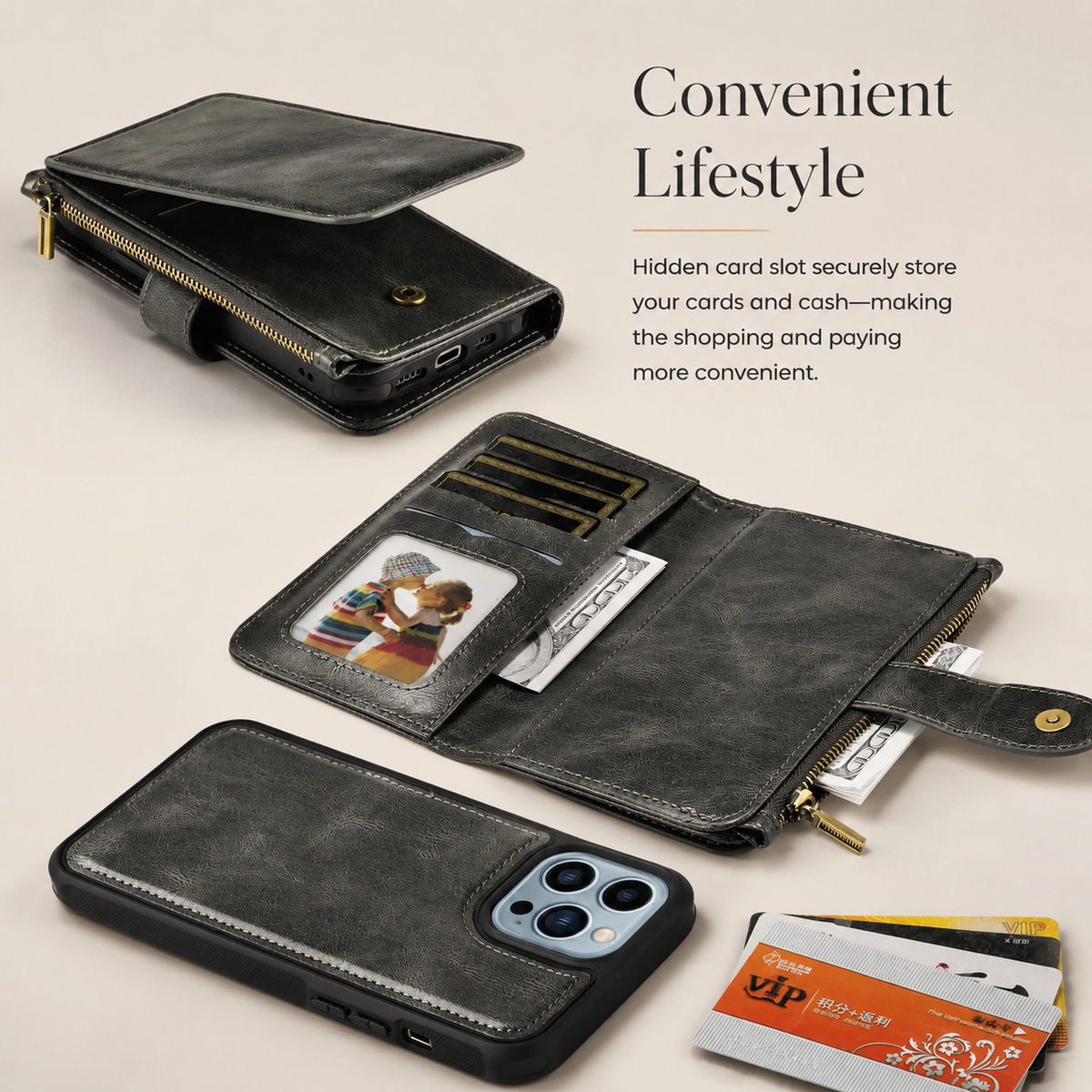 Premium iPhone Wallet Case PU Leather Zipper Card Holder Detachable Flip Cover Shockproof Anti Scratch Anti Fingerprint Dustproof Non Slip Retro Case