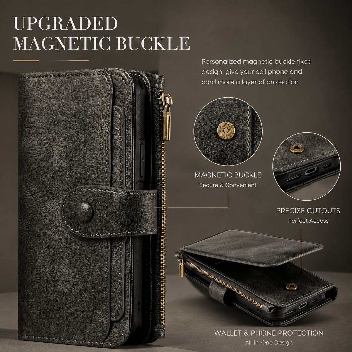 Premium iPhone Wallet Case PU Leather Zipper Card Holder Detachable Flip Cover Shockproof Anti Scratch Anti Fingerprint Dustproof Non Slip Retro Case