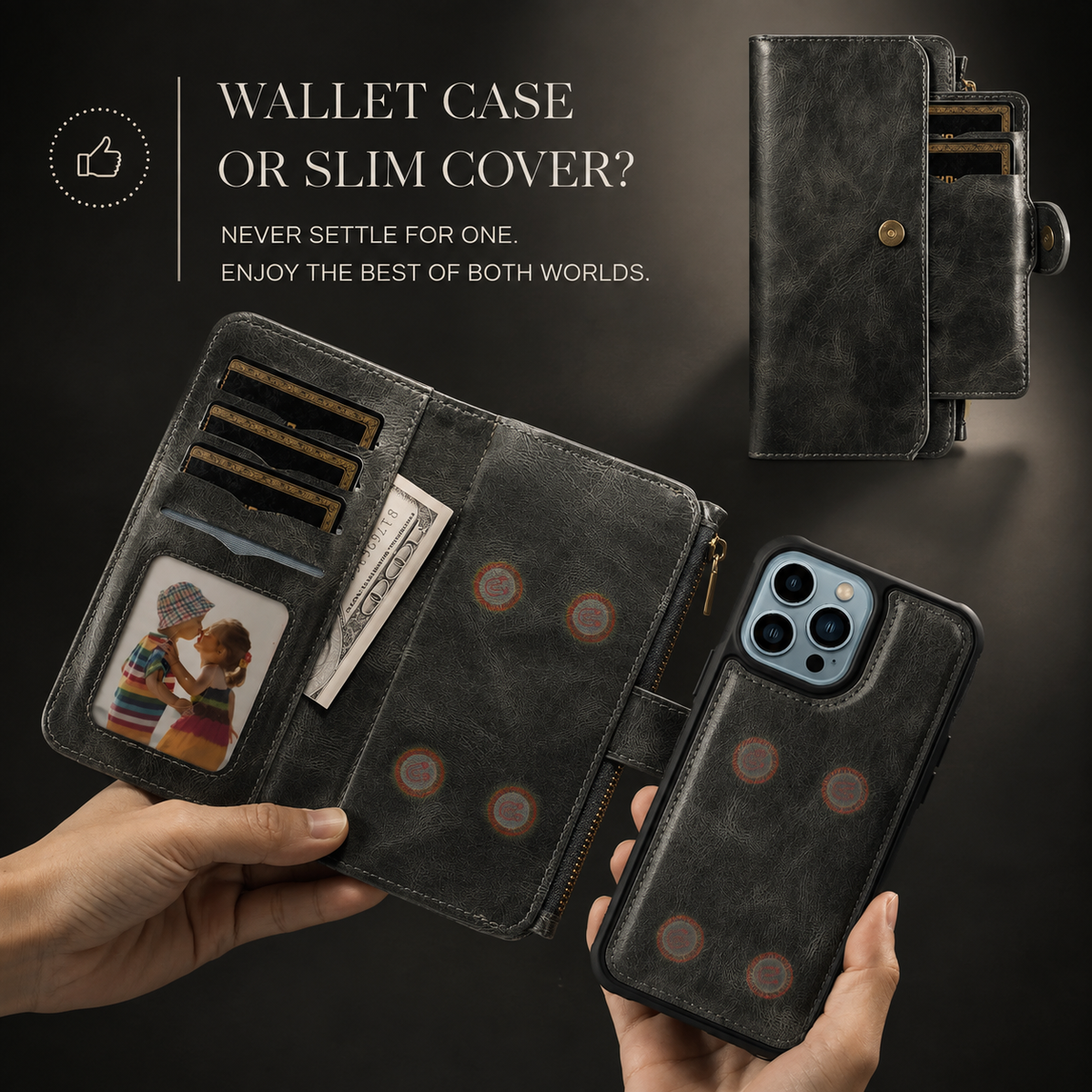 Premium iPhone Wallet Case PU Leather Zipper Card Holder Detachable Flip Cover Shockproof Anti Scratch Anti Fingerprint Dustproof Non Slip Retro Case