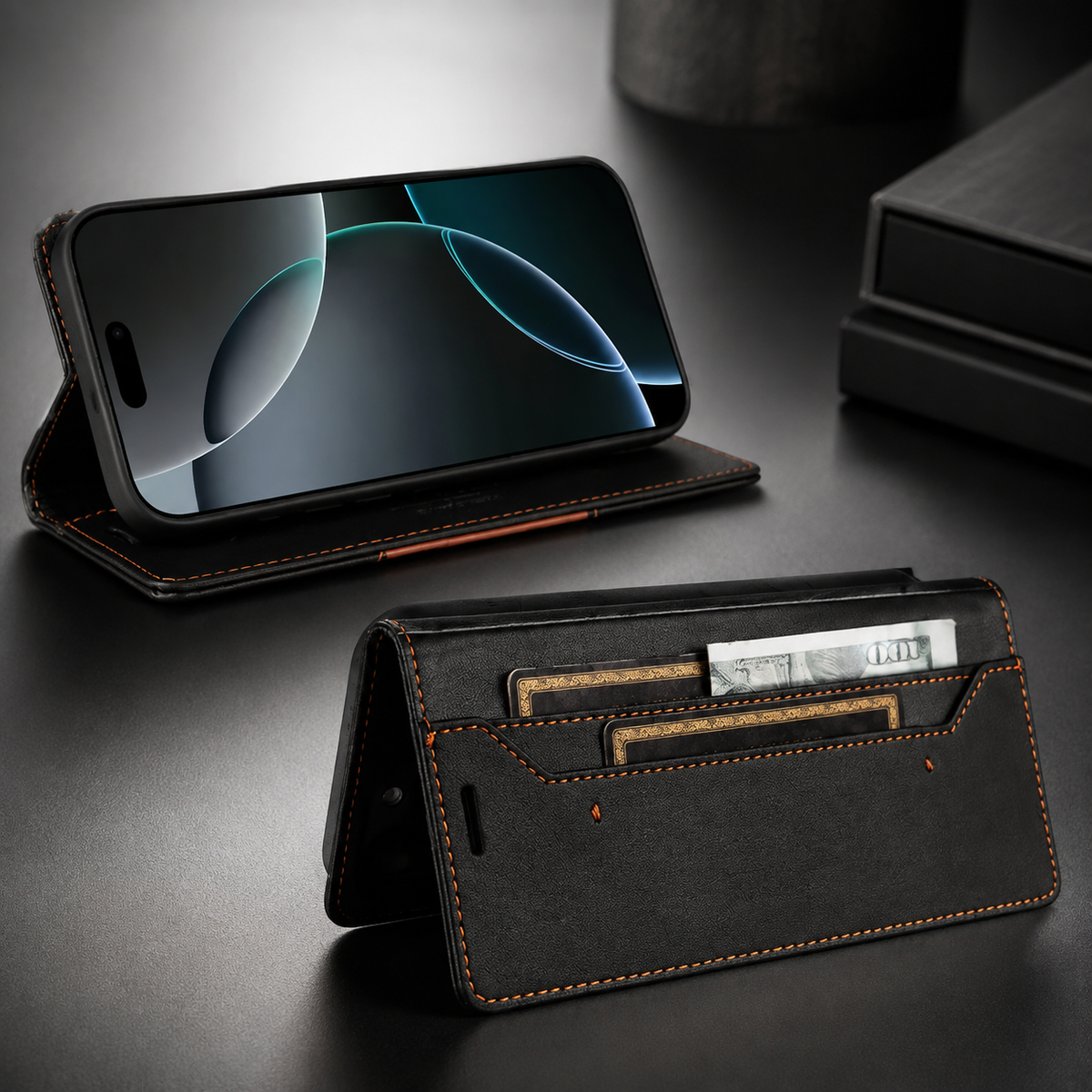 Premium iPhone Wallet Cover Leather RFID Blocking Magnetic Card Holder Shockproof Anti Scratch Anti Fingerprint Stand Full Cover Slim Protective Cover