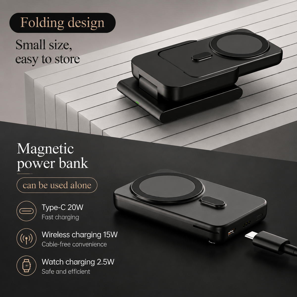 Premium 3-in-1 Magnetic Wireless Charging Station Qi Charger Portable Power Bank Foldable Charging Dock USB Type C Fast Charging Pad iPhone Compatible
