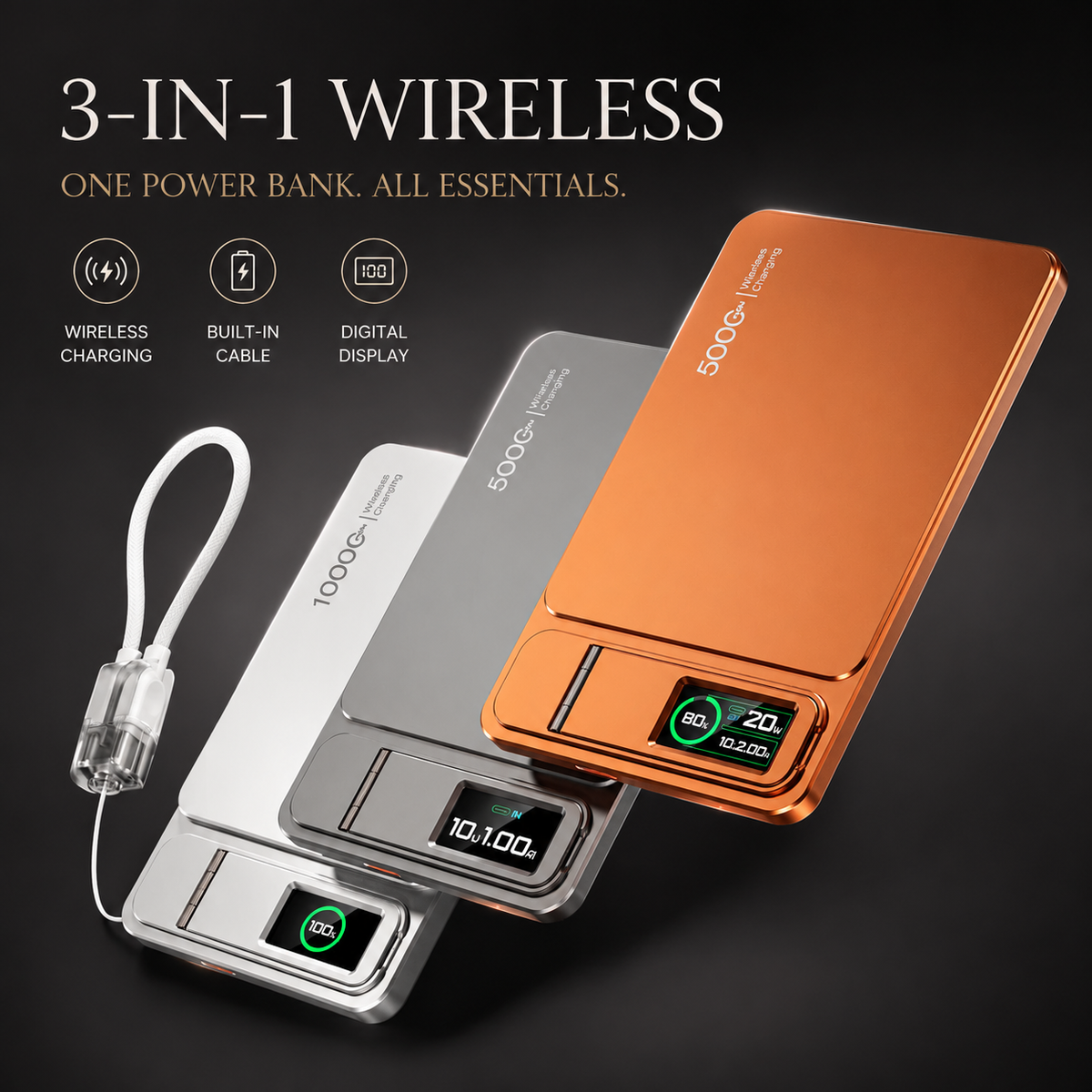 Premium 3-in-1 Magnetic Wireless Power Bank 20W Fast Charging Portable Battery Built-In Stand Digital Display Watch Charger Compatible with iPhone