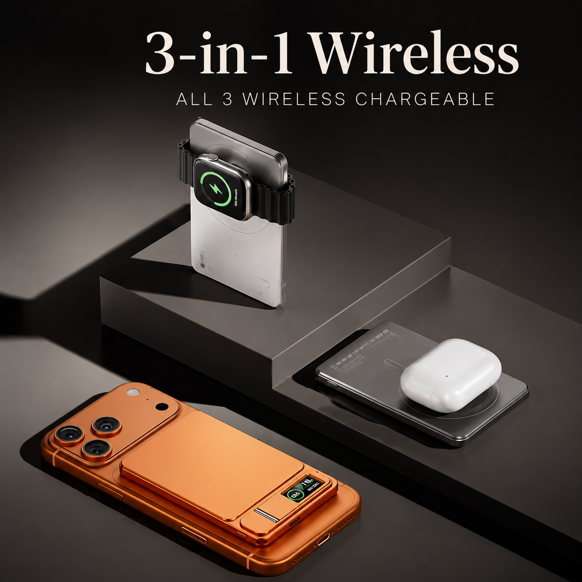 Premium 3-in-1 Magnetic Wireless Power Bank 20W Fast Charging Portable Battery Built-In Stand Digital Display Watch Charger Compatible with iPhone