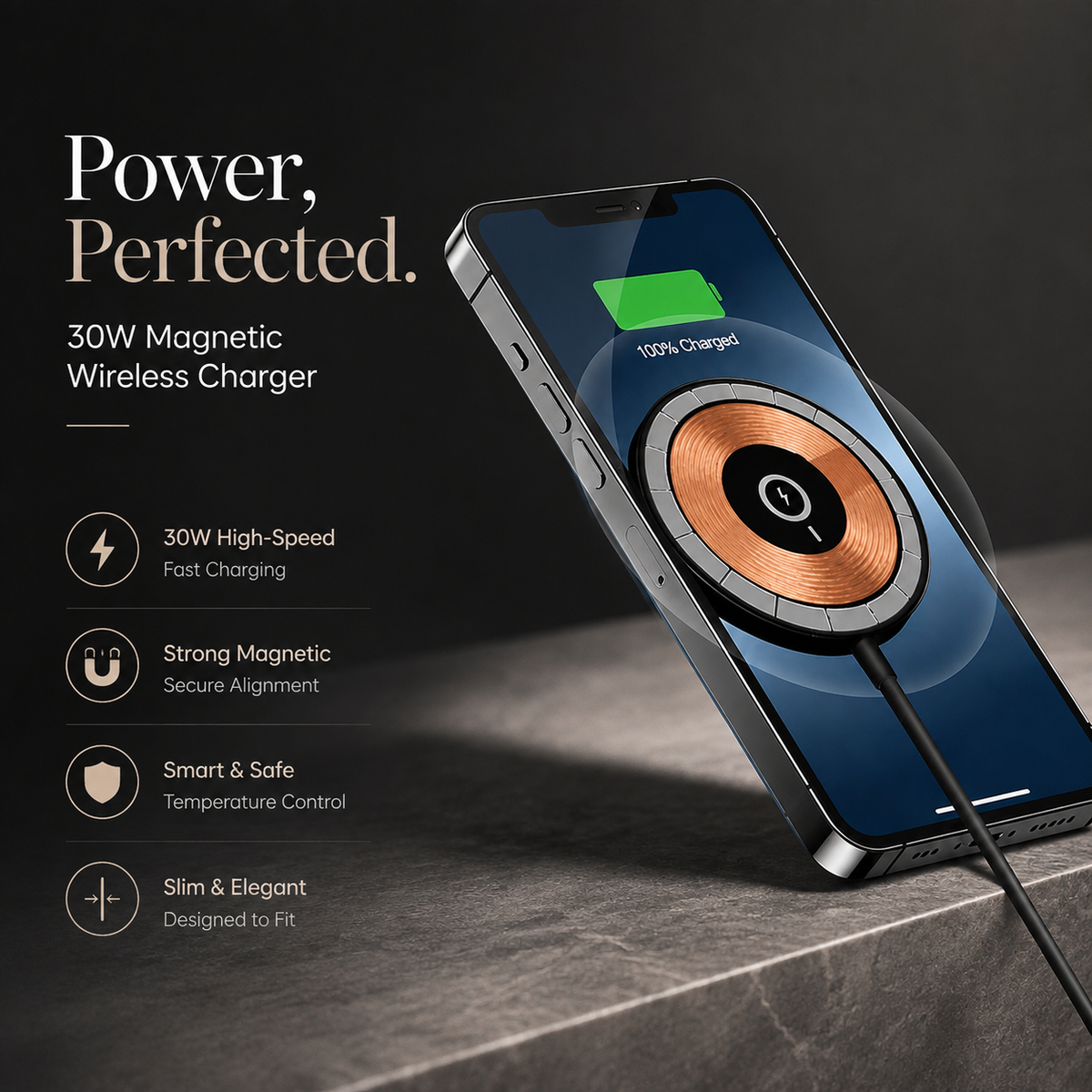 Premium 30W Magnetic Wireless Charger Pad Fast Charging MagSafe Compatible Charger USB-C PD USB-A Non-Slip Slim Portable Charging Stand iPhone