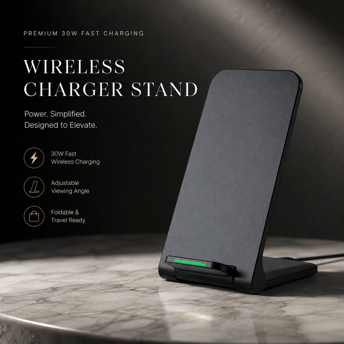 Premium 30W Wireless Charger Stand Fast Charging Foldable Phone Charging Stand USB-C Vertical Horizontal Viewing Compatible with iPhone Travel Design