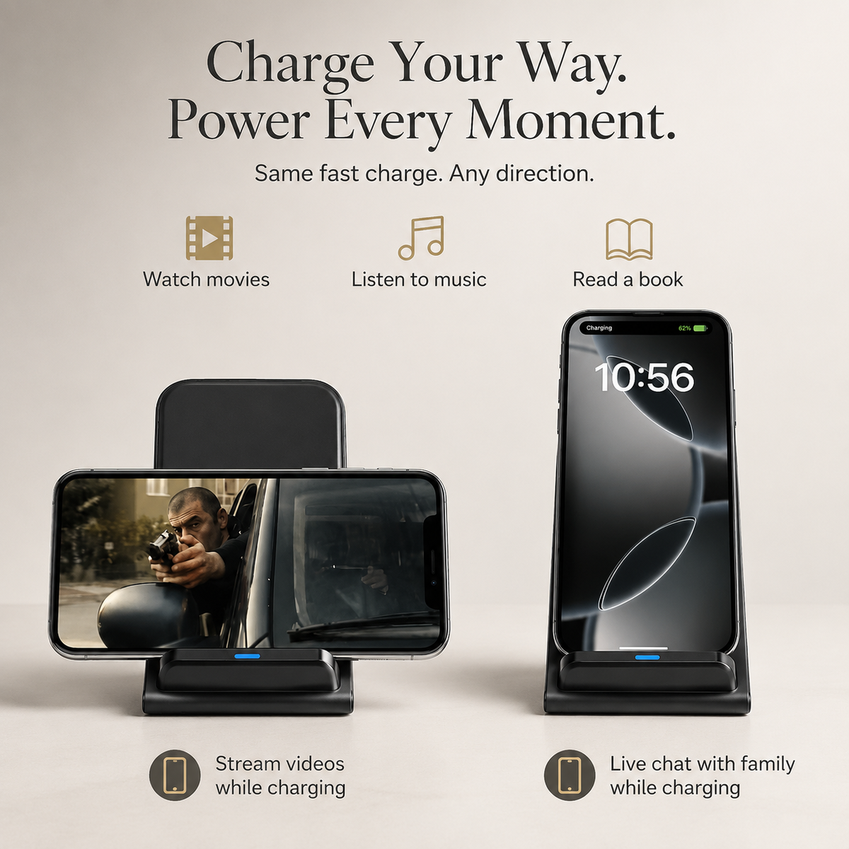 Premium 30W Wireless Charger Stand Fast Charging Foldable Phone Charging Stand USB-C Vertical Horizontal Viewing Compatible with iPhone Travel Design