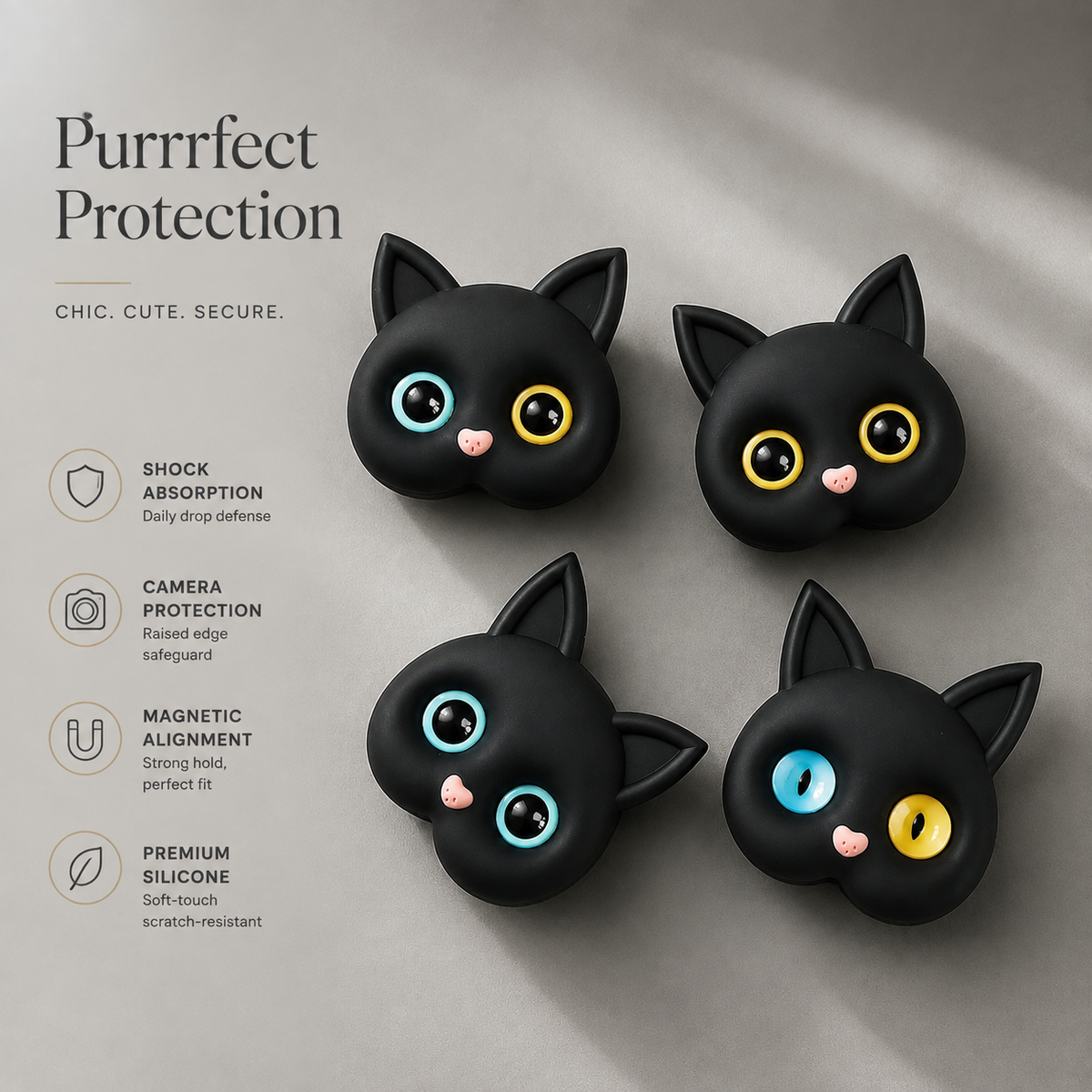 Premium 3D Cat Phone Grip Holder Foldable Rotating Phone Stand Finger Grip Air Cushion Grip Cute Cat Design Anti Slip Phone Accessory iPhone