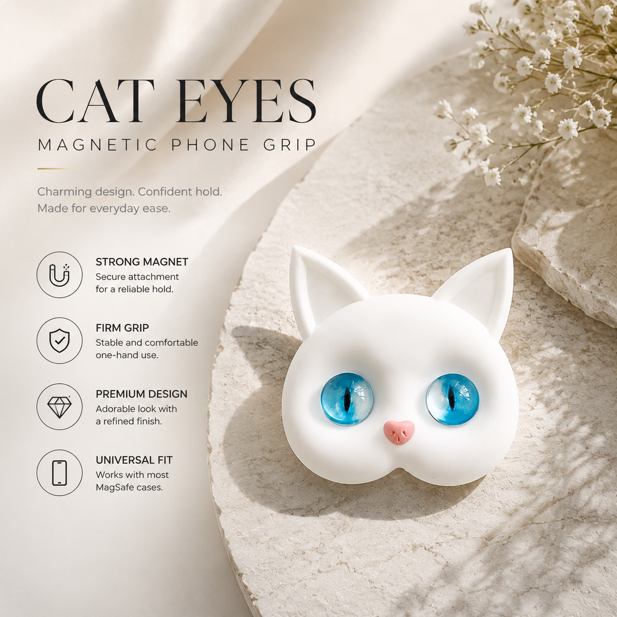 Premium 3D Cat Phone Grip Holder Foldable Rotating Phone Stand Finger Grip Air Cushion Grip Cute Cat Design Anti Slip Phone Accessory iPhone