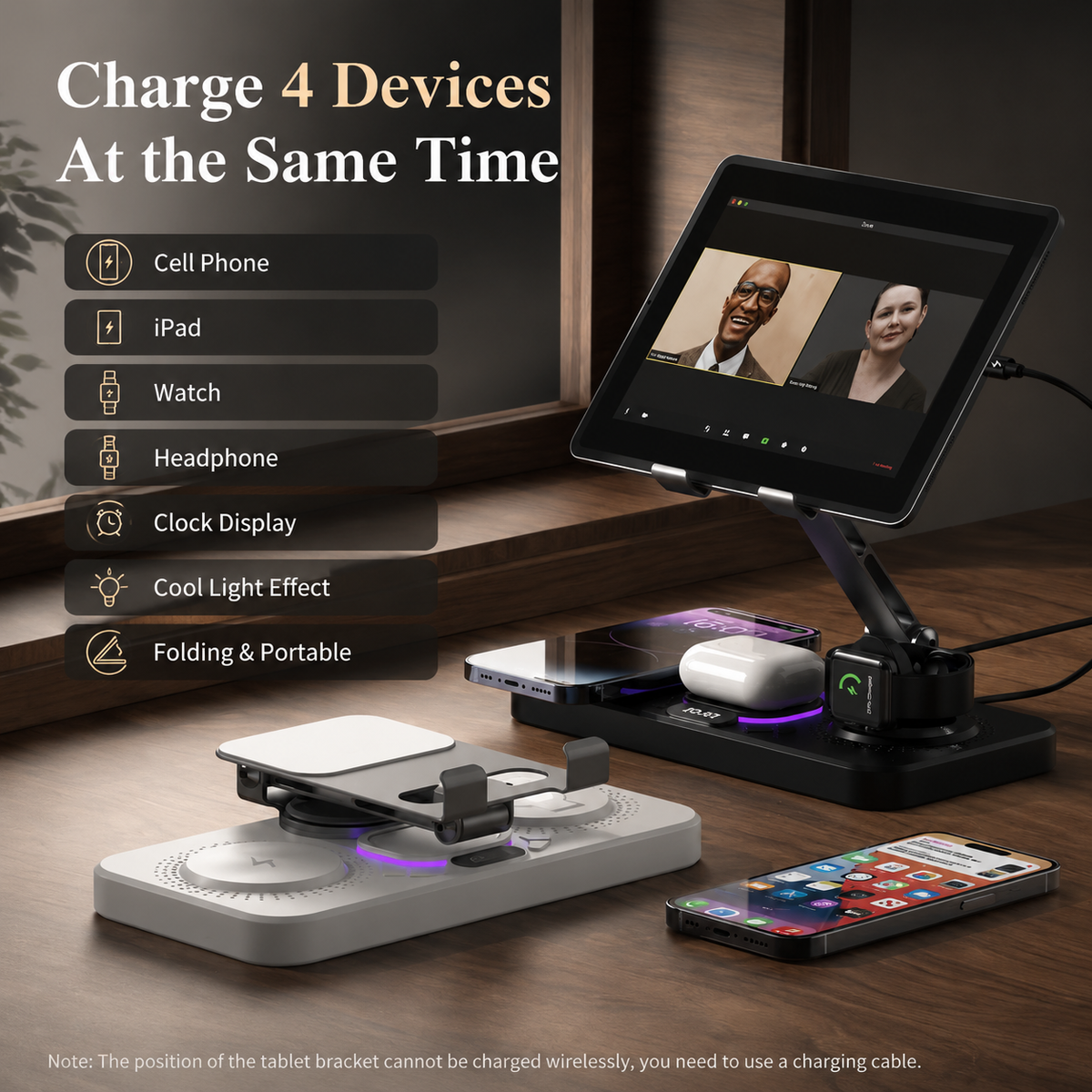 Premium 4-in-1 Magnetic Wireless Charging Station 15W Fast Charging Foldable Charger Stand for Phone Watch Earbuds LED Compatible with iPhone