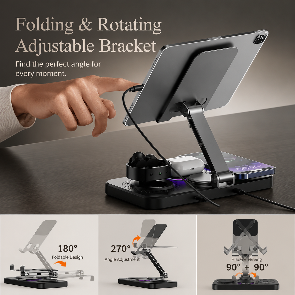 Premium 4-in-1 Magnetic Wireless Charging Station 15W Fast Charging Foldable Charger Stand for Phone Watch Earbuds LED Compatible with iPhone