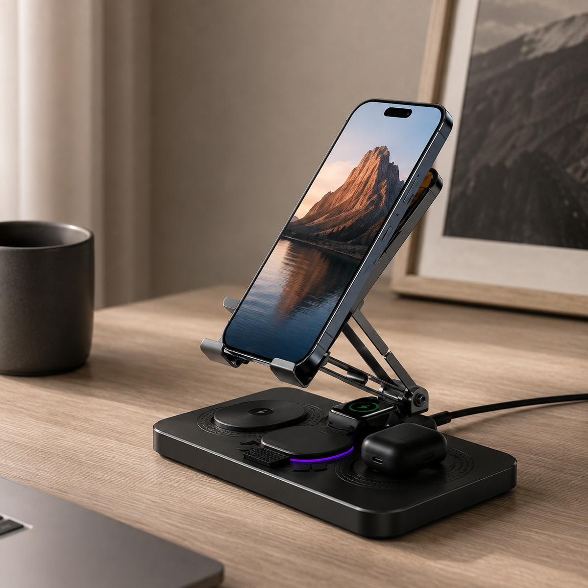 Premium 4-in-1 Magnetic Wireless Charging Station 15W Fast Charging Foldable Charger Stand for Phone Watch Earbuds LED Compatible with iPhone