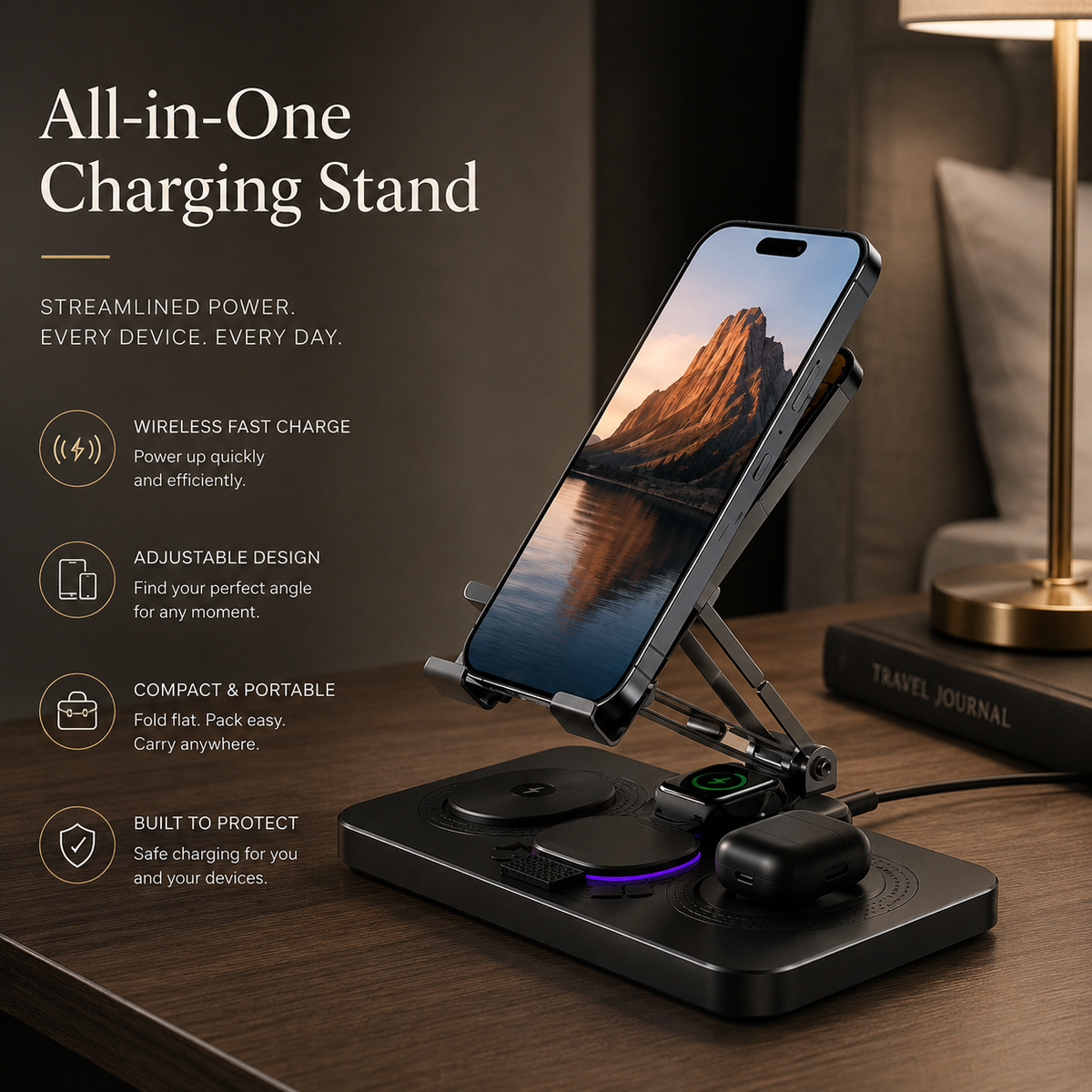 Premium 4-in-1 Magnetic Wireless Charging Station 15W Fast Charging Foldable Charger Stand for Phone Watch Earbuds LED Compatible with iPhone
