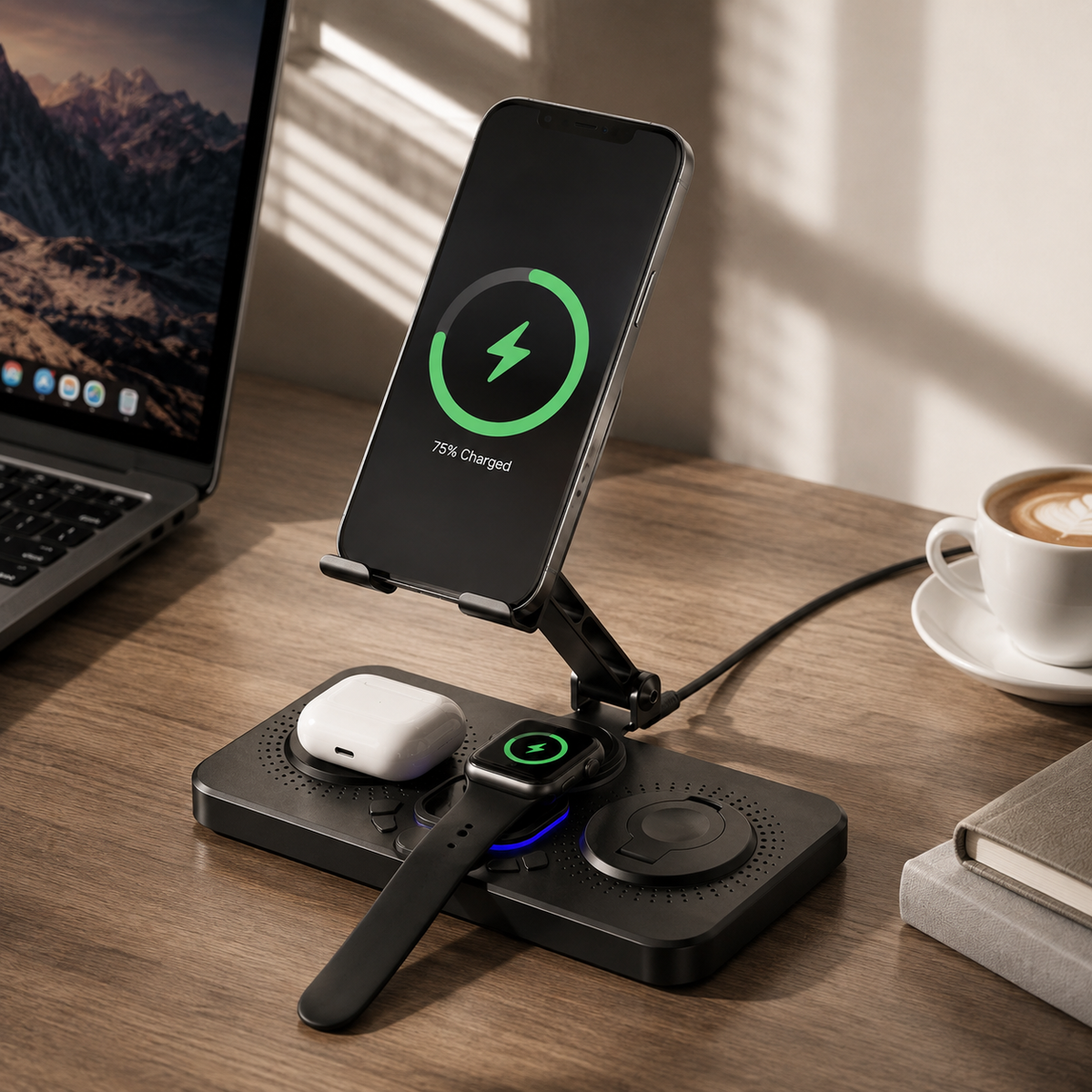 Premium 4-in-1 Magnetic Wireless Charging Station 15W Fast Charging Foldable Charger Stand for Phone Watch Earbuds LED Compatible with iPhone