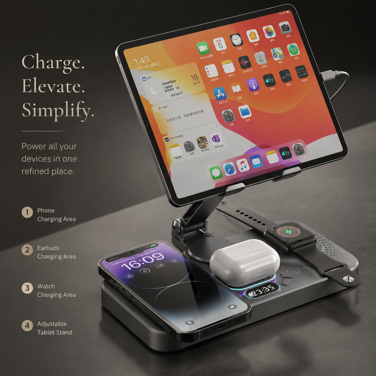 Premium 4-in-1 Magnetic Wireless Charging Station 15W Fast Charging Foldable Charger Stand for Phone Watch Earbuds LED Compatible with iPhone
