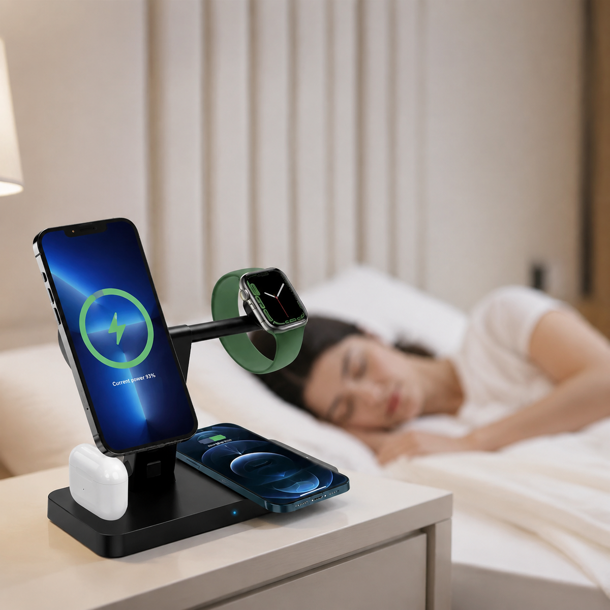 Premium 5-in-1 Magnetic Wireless Charging Station Qi Charger 30W Fast Charging Foldable Stand Multi Device USB Type C LED Night Light iPhone
