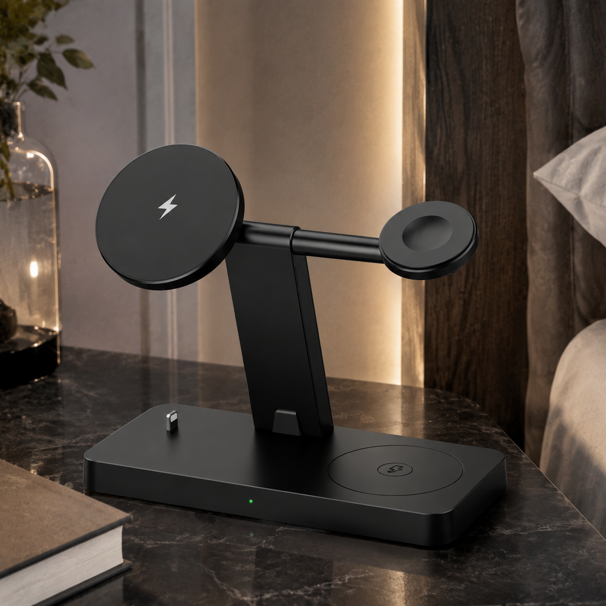 Premium 5-in-1 Magnetic Wireless Charging Station Qi Charger 30W Fast Charging Foldable Stand Multi Device USB Type C LED Night Light iPhone