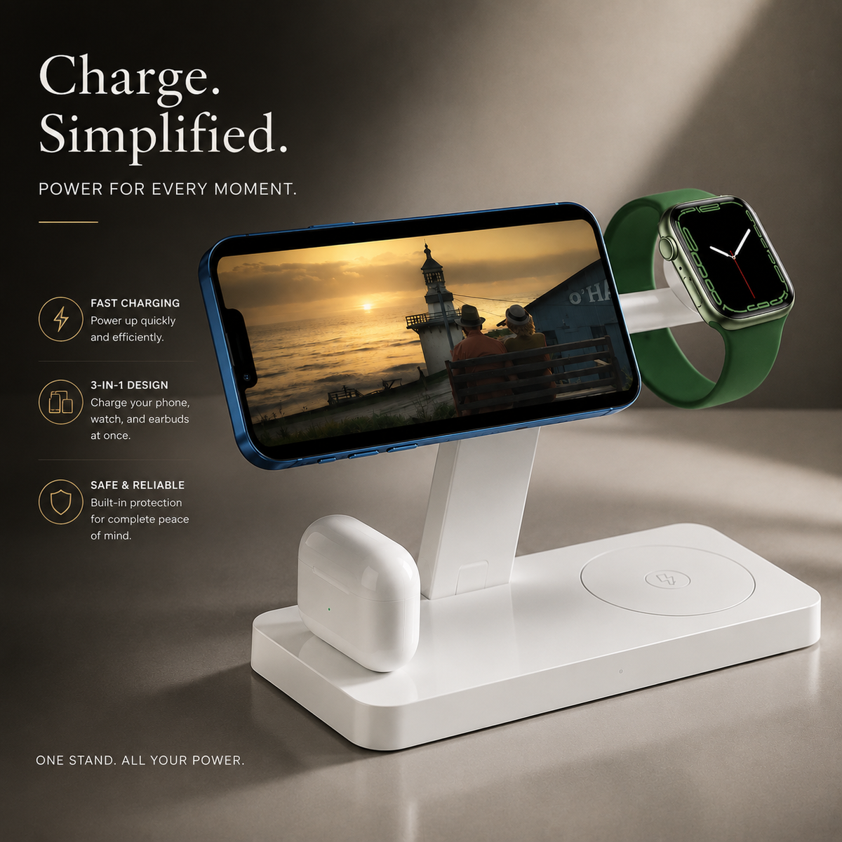 Premium 5-in-1 Magnetic Wireless Charging Station Qi Charger 30W Fast Charging Foldable Stand Multi Device USB Type C LED Night Light iPhone