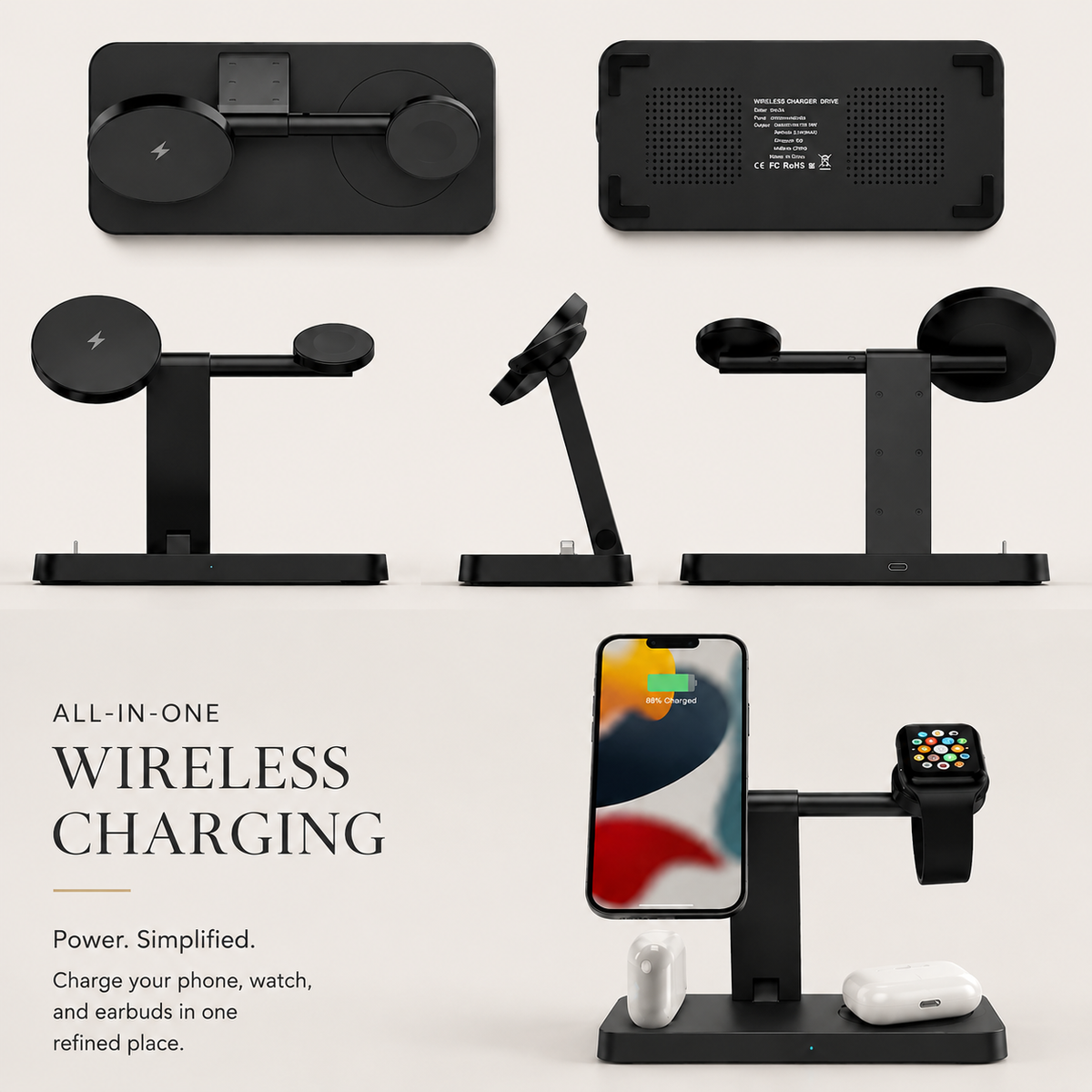 Premium 5-in-1 Magnetic Wireless Charging Station Qi Charger 30W Fast Charging Foldable Stand Multi Device USB Type C LED Night Light iPhone