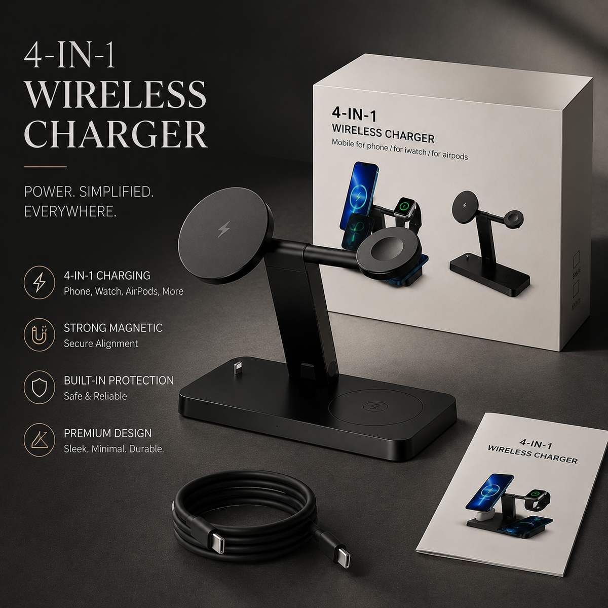 Premium 5-in-1 Magnetic Wireless Charging Station Qi Charger 30W Fast Charging Foldable Stand Multi Device USB Type C LED Night Light iPhone