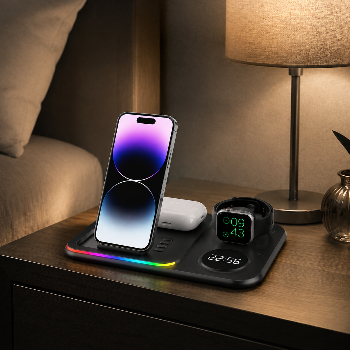 Premium 5-in-1 Wireless Charging Station Qi Charger 30W Fast Charging Foldable Dock RGB LED Alarm Clock USB Type C Multi Device Charging Stand iPhone