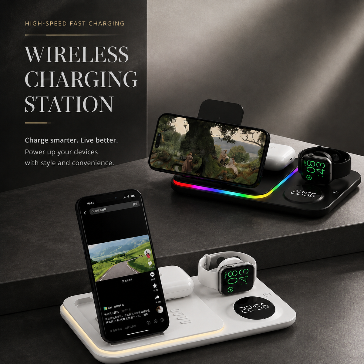Premium 5-in-1 Wireless Charging Station Qi Charger 30W Fast Charging Foldable Dock RGB LED Alarm Clock USB Type C Multi Device Charging Stand iPhone