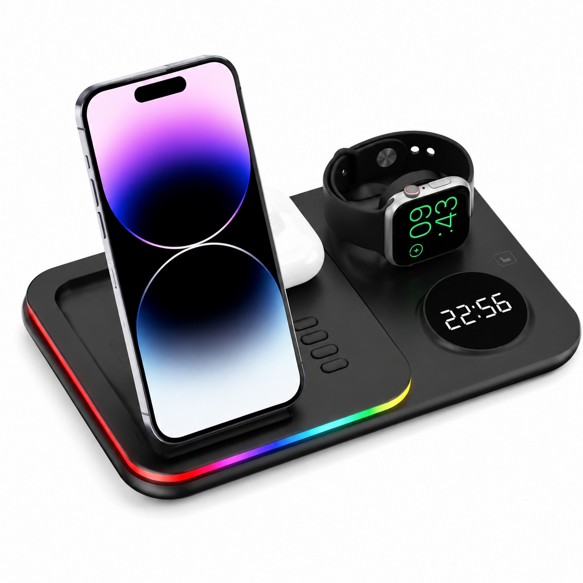 Premium 5-in-1 Wireless Charging Station Qi Charger 30W Fast Charging Foldable Dock RGB LED Alarm Clock USB Type C Multi Device Charging Stand iPhone