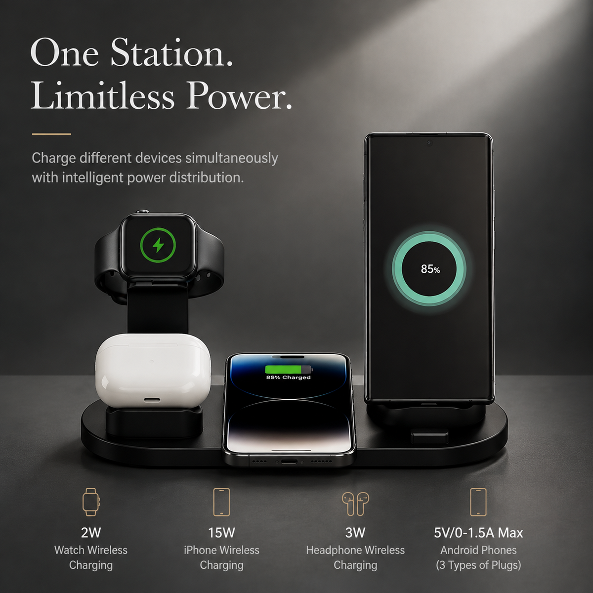 Premium 7-in-1 Wireless Charging Station Qi Charger Dock Multi Device Charging USB Type C Fast Charging Stand Smart Charging iPhone Compatible