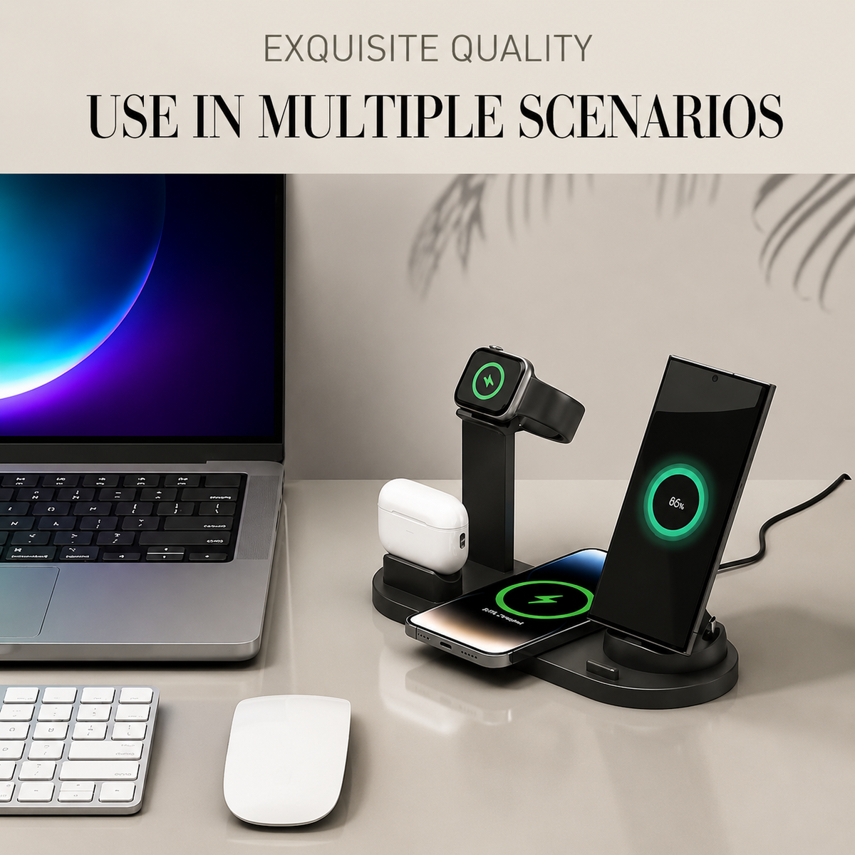 Premium 7-in-1 Wireless Charging Station Qi Charger Dock Multi Device Charging USB Type C Fast Charging Stand Smart Charging iPhone Compatible