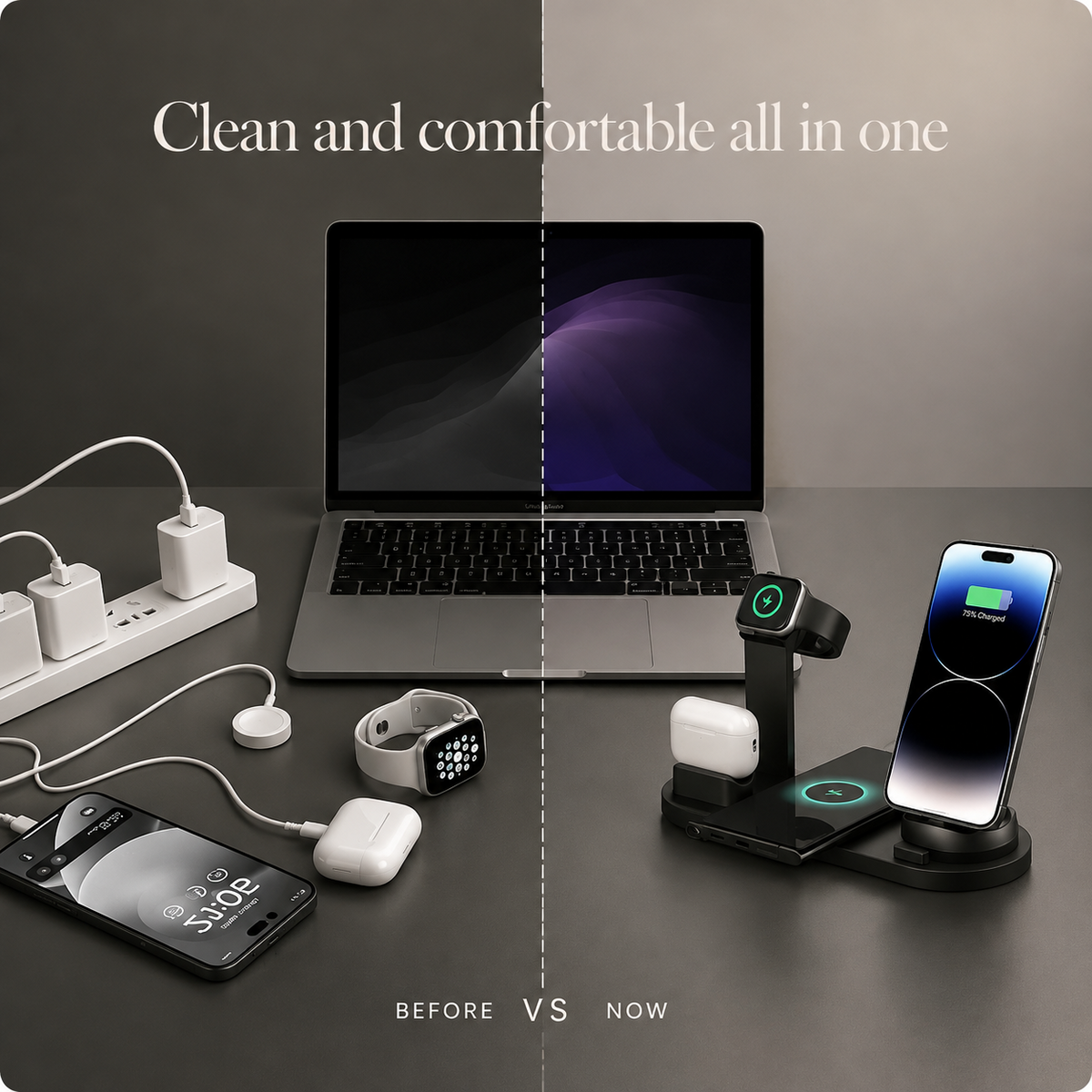 Premium 7-in-1 Wireless Charging Station Qi Charger Dock Multi Device Charging USB Type C Fast Charging Stand Smart Charging iPhone Compatible
