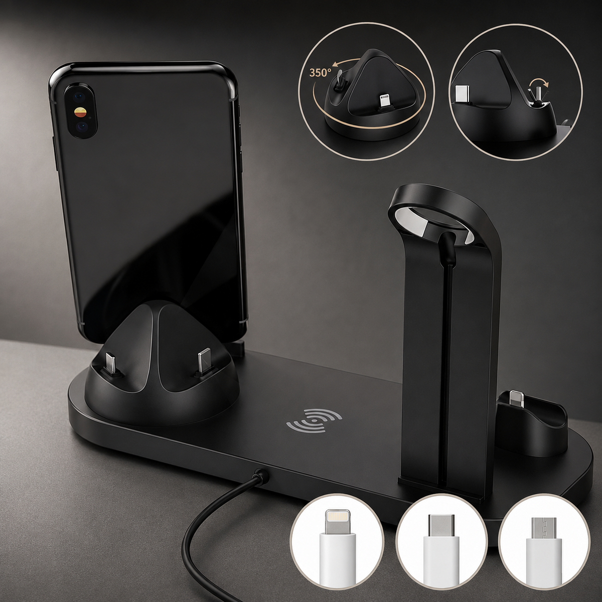 Premium 7-in-1 Wireless Charging Station Qi Charger Dock Multi Device Charging USB Type C Fast Charging Stand Smart Charging iPhone Compatible